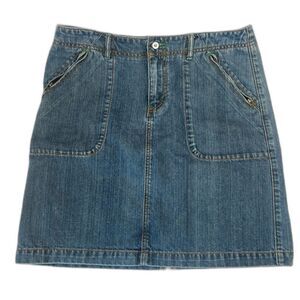 Eddie Bauer Denim Jean Skirt Knee Length 100% Cotton Back Slit Size 8